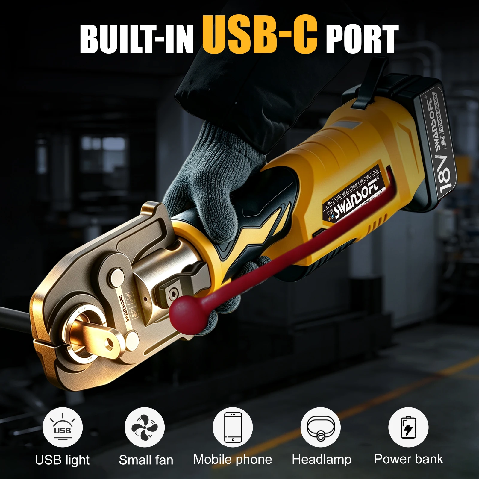 SWANSOFT 2-in-1 Hydraulic Electric Cable Crimping/Cutting Tool 5Ton Battery-Powered Wire Crimper Cutter with 6AWG-600MCM 11 Dies Cordless kit for Cu/Al Terminal lug - view 6
