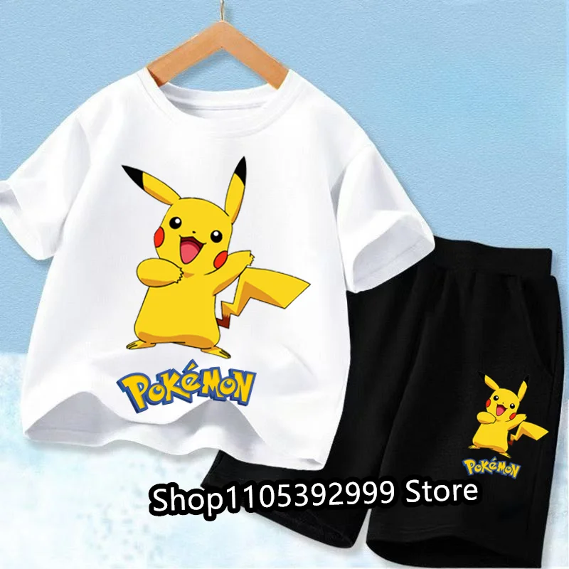 kids Pokemon Toddler T-shirt Two-piece 3-12Yrs Summer Anime Pikachu Boys Girls Short-sleeved+Shorts Casual Coat Travel Party Set