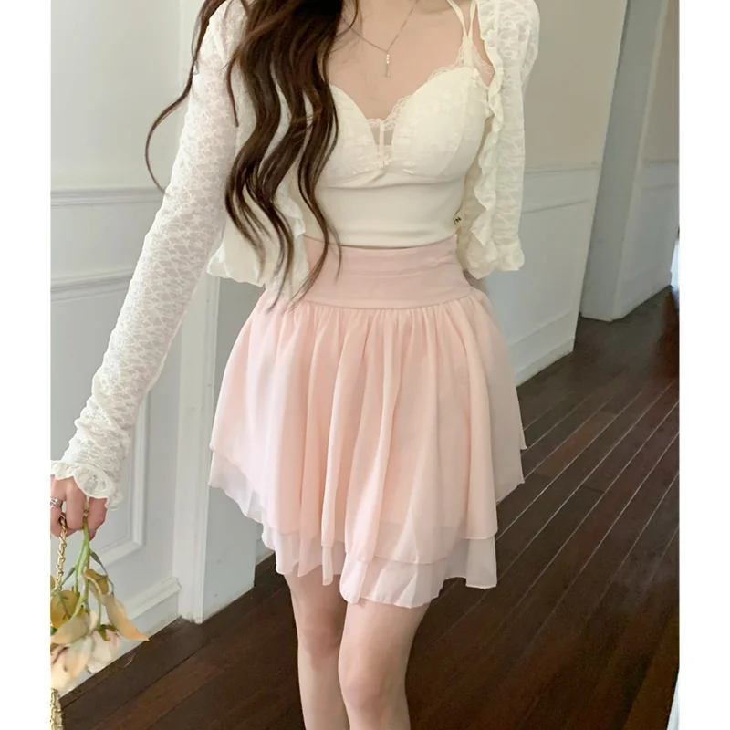 Women' Clothing Gentle Chic Lace Sunscreen Cardigan Coat Design Sense Lace Suspender Vest Pearlescent Glaze High Waist Skirt Set