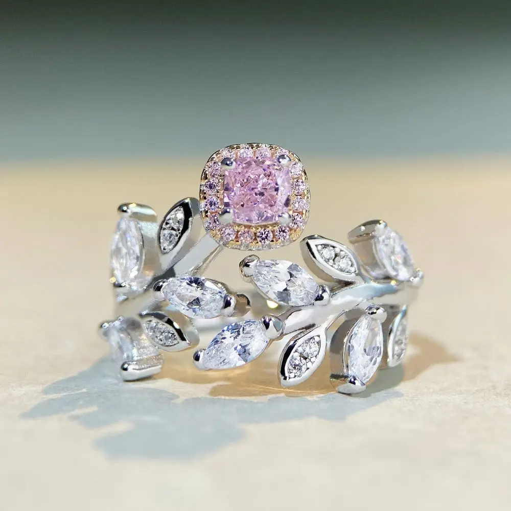

925 Sterling Silver Pink Diamond Ring with Adjustable Opening, Non Fading Ring, Leaf, Leaf, Ins