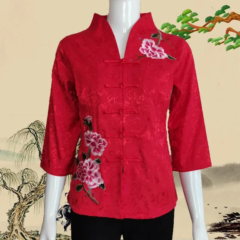 

New Year Hanfu Qipao Top Women Tang Clothes Tradition Embroider Chinese Style Cheongsams Coat Flower Vintage Button Down Jacket