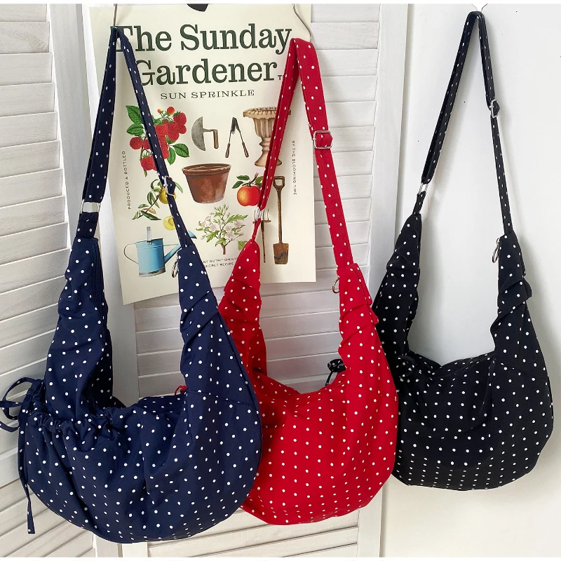 

Korean Polka Dot Canvas Crossbody Bag Stylish Pleated Women's Large Capacity Shoulder Bag Student Backpack Canvas Dumpling Bag