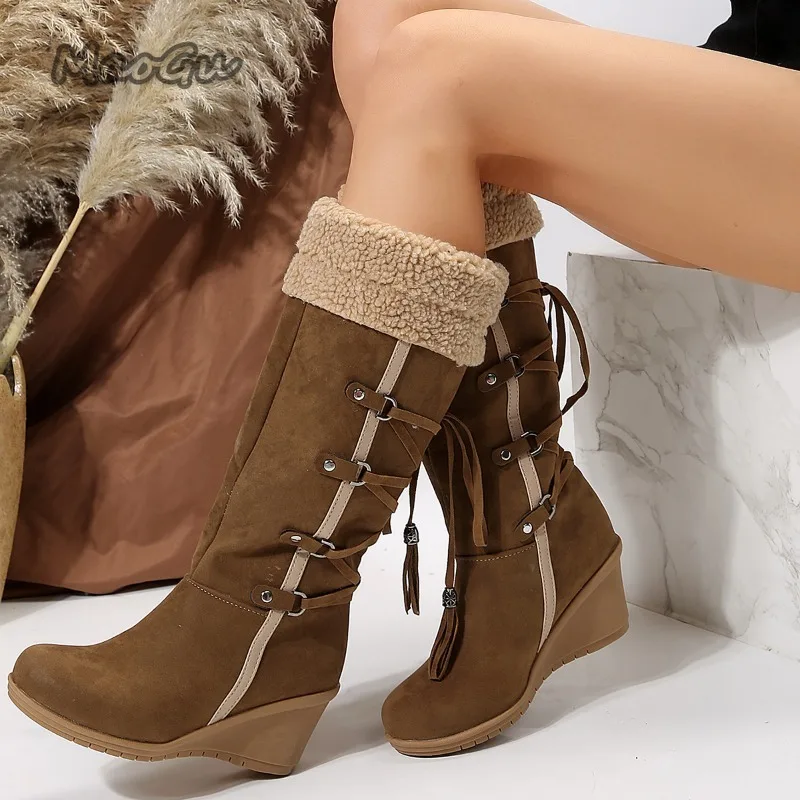 Plus Size 35-42 Wedges Heel Fashion Black Boots Women 2025 Autumn Suede Furry Collar Back Lace Up Knee-High Boots Botas Mujer