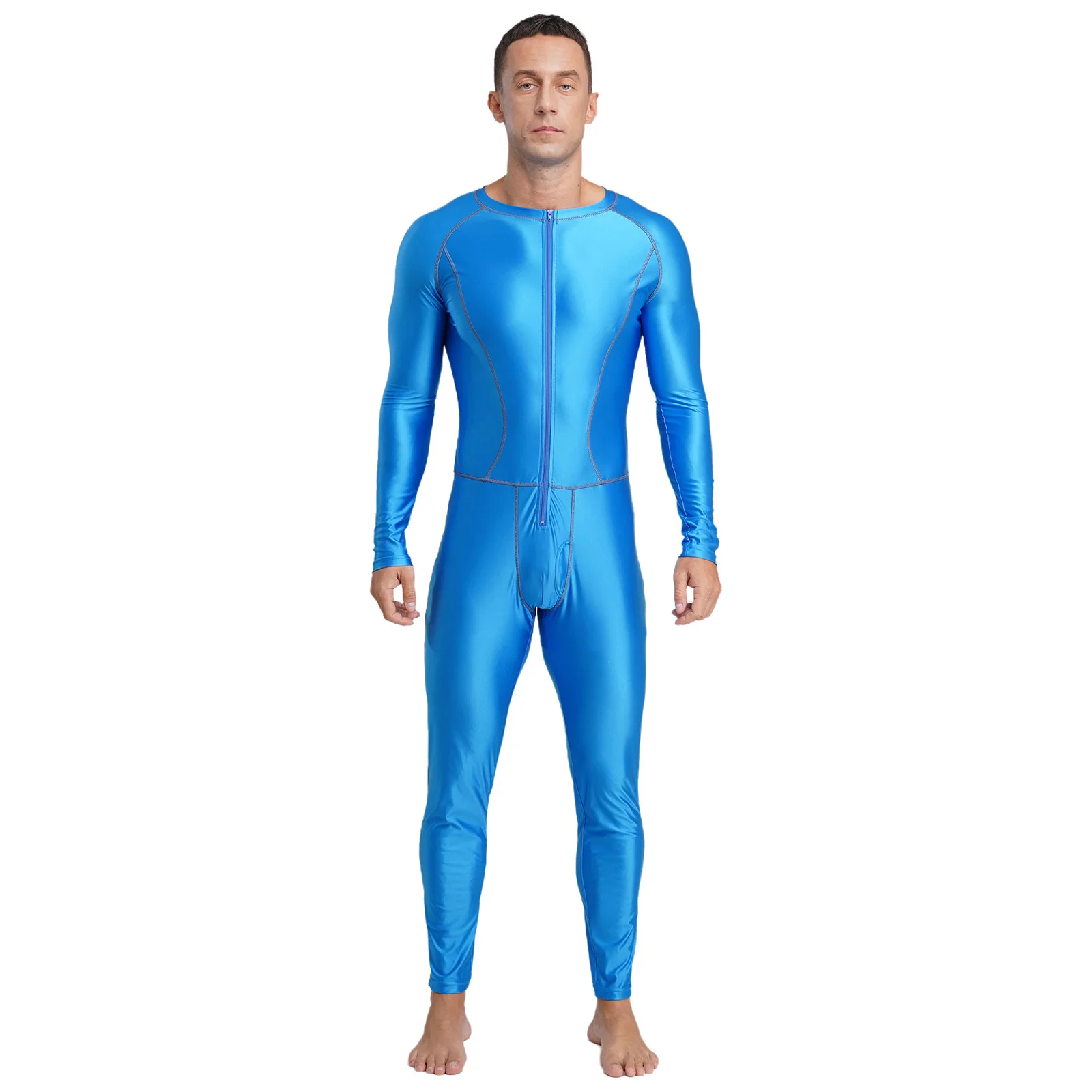 Męskie stroje kąpielowe, błyszczący, dopasowany kombinezon jednoczęściowy, strój do pływania, szwy z przodu, zamek błyskawiczny, długi rękaw, długie spodnie, kompresyjne kombinezony.