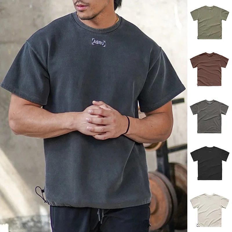 Gym Men's Summer Loose Wash Cotton T Shirt  Brand Clothing Retro Fitness T-ShirtSports Short Sleeved Sweatshirt Casual Tees Tops