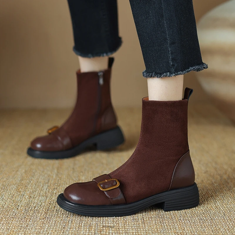 NEW Autumn Women Boots Split Leather Shoes for Women Round Toe Chunky Heel Shoes Zip Belt Buckle Boots Sheep Suede Leather Boots