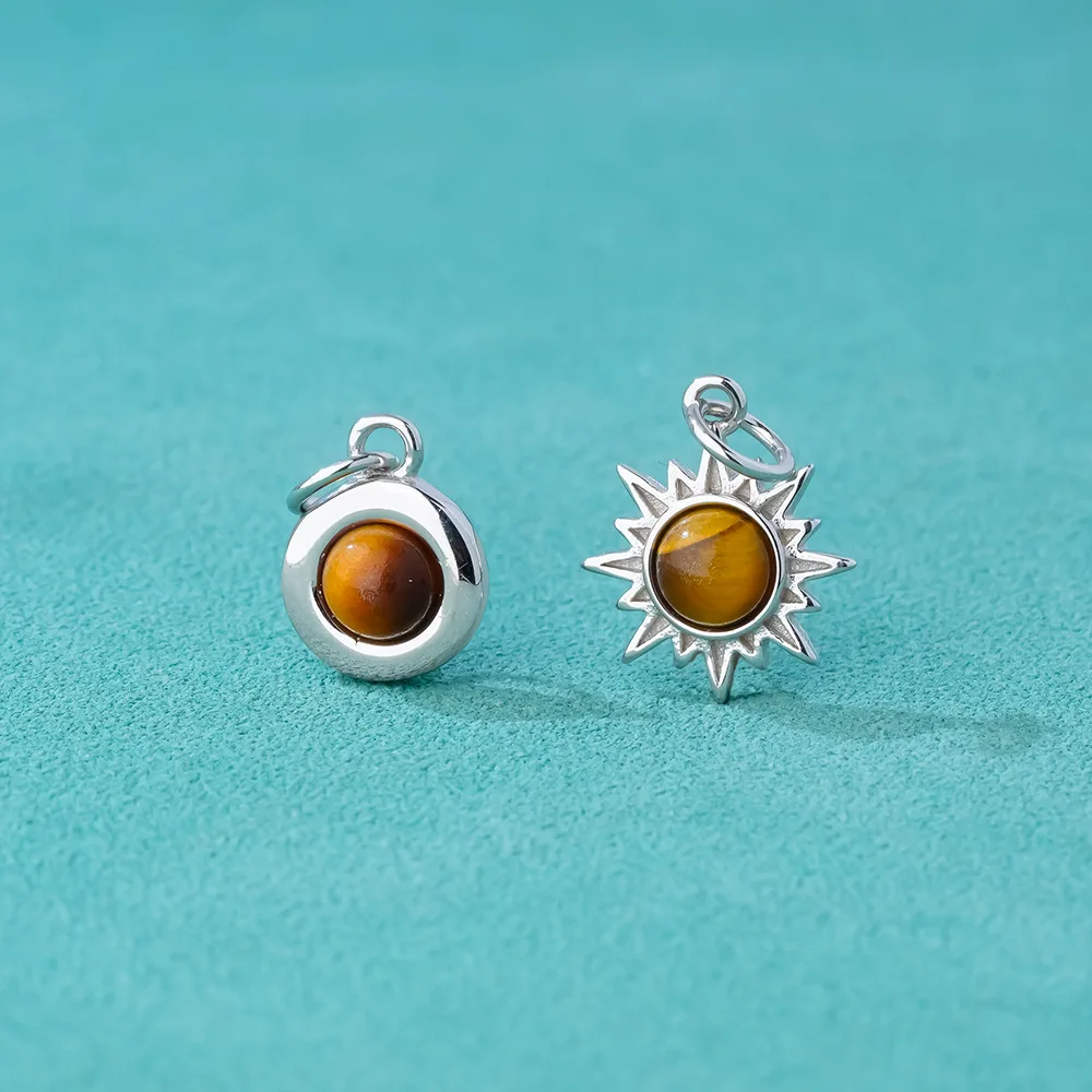 925 Silver Charms Tiger's Eye Stone Round Pendant Sun Charm Pendant DIY Pendant Necklace Accessries Jewelry Silver 925 Charms