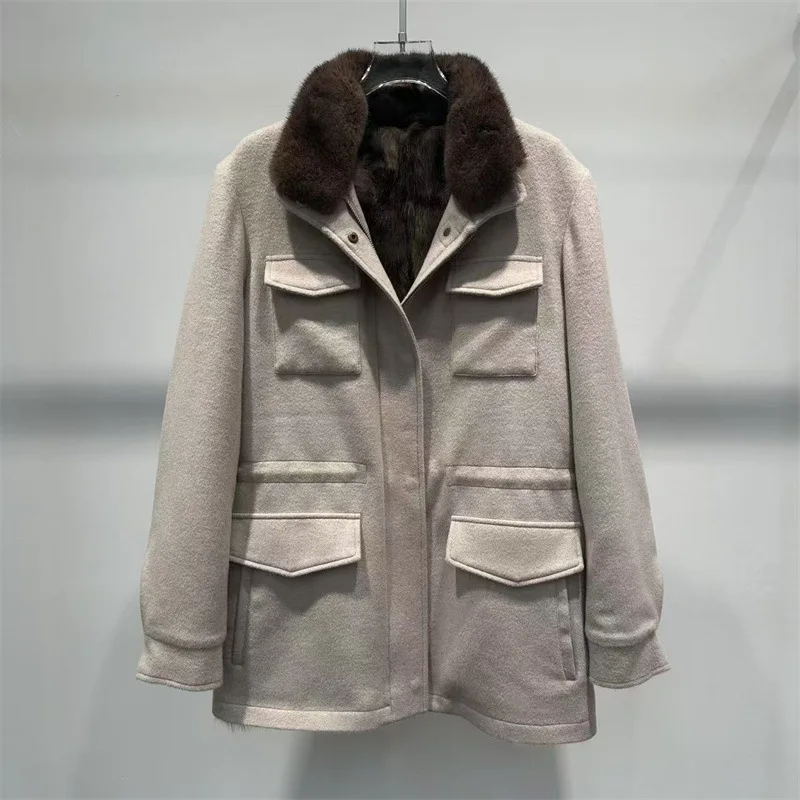 

Водяной норковый воротник с воротником-стойкой Кашемировая меховая подкладка Фиолетовый норковый мех с завязками на талии Пальто средней длины