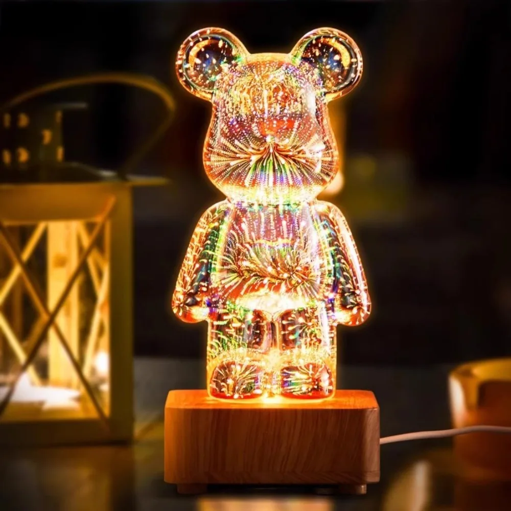 LED Glass Bear Figure Aesthetic 3D Firework Projector Lamp Statue Color Changeable Bear Figurine Sculpture Bedroom Decoration