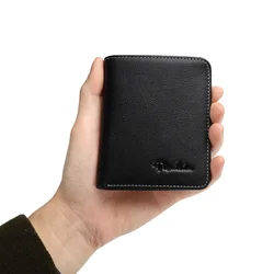 BISON DENIM Wallets Fashion Vintage Business Credit Card Holder Genuine Leather Black Purse Thin Short Cowskin Men's Mini Purses