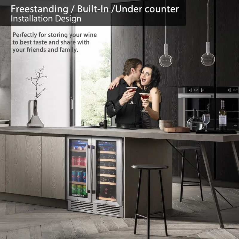 24-Zoll-Wein- und Getränkekühlschrank, Wein- und Bar-Getränkekühler mit zwei Zonen, kommerzieller schwarzer Barkühler mit 2 Gläsern