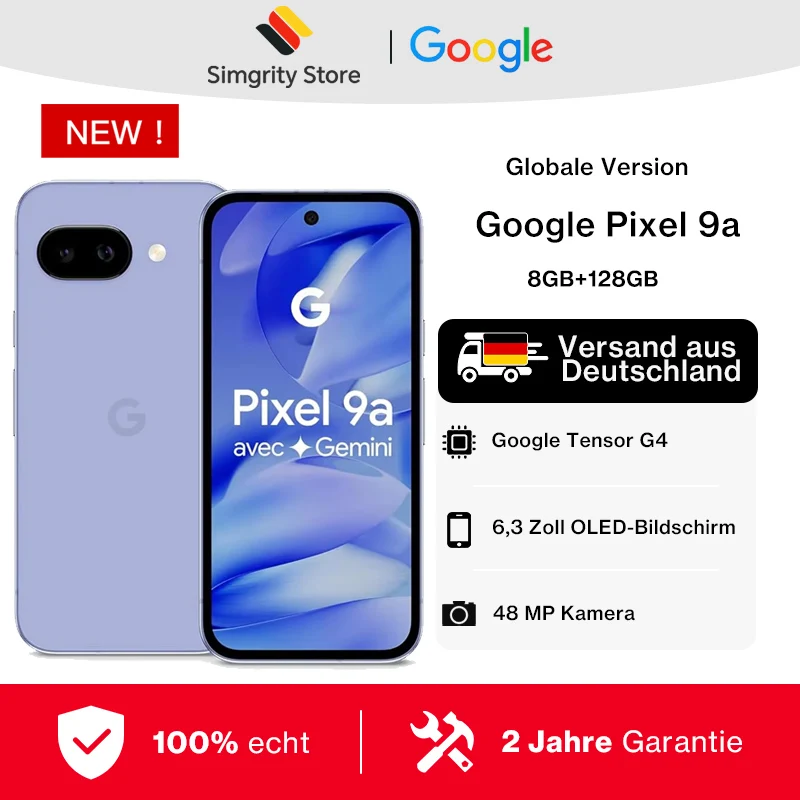 Version mondiale Google Pixel 9a Smartphone 5G Google Tensor G4 cran Actua de 6,3 pouces 120Hz Batterie de 5100mAh Appareil photo arrire de 48MP NFC