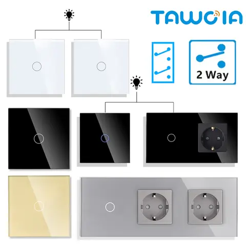 TAWOIA 800W Glass Touch Switch 1 Gang 2/3 Way Light Touch EU Wall Power Socket 16A 250V with Safety Door for Home