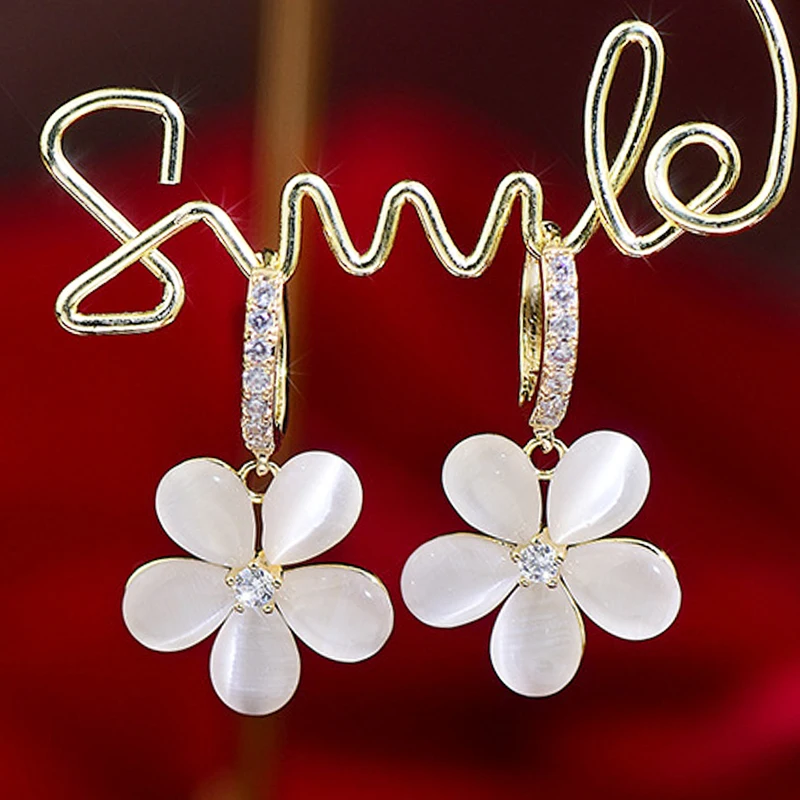 JUWANG Korean Exquisite Opal Flower Earrings All Match Elegant Charm For Women Engagement Earrings Delicate Teen Sweet Pedant