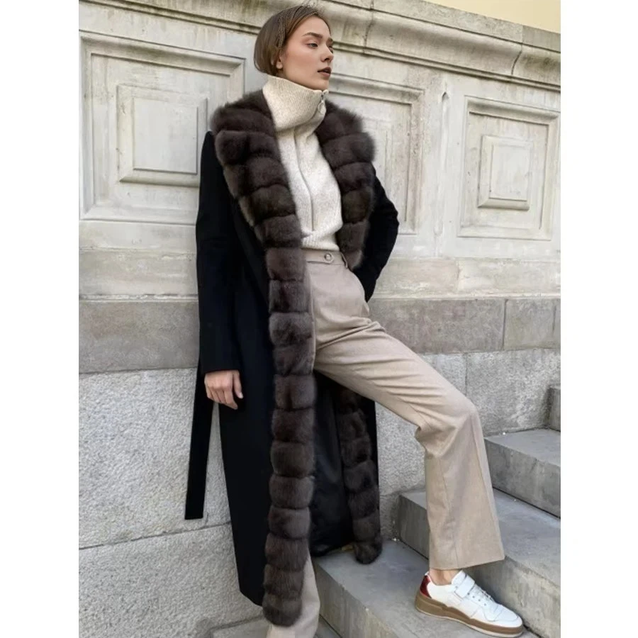 Wool Coats For Woman Natural Fox Fur Collar Best Selling Real Fox Fur Women\'s Long Coat