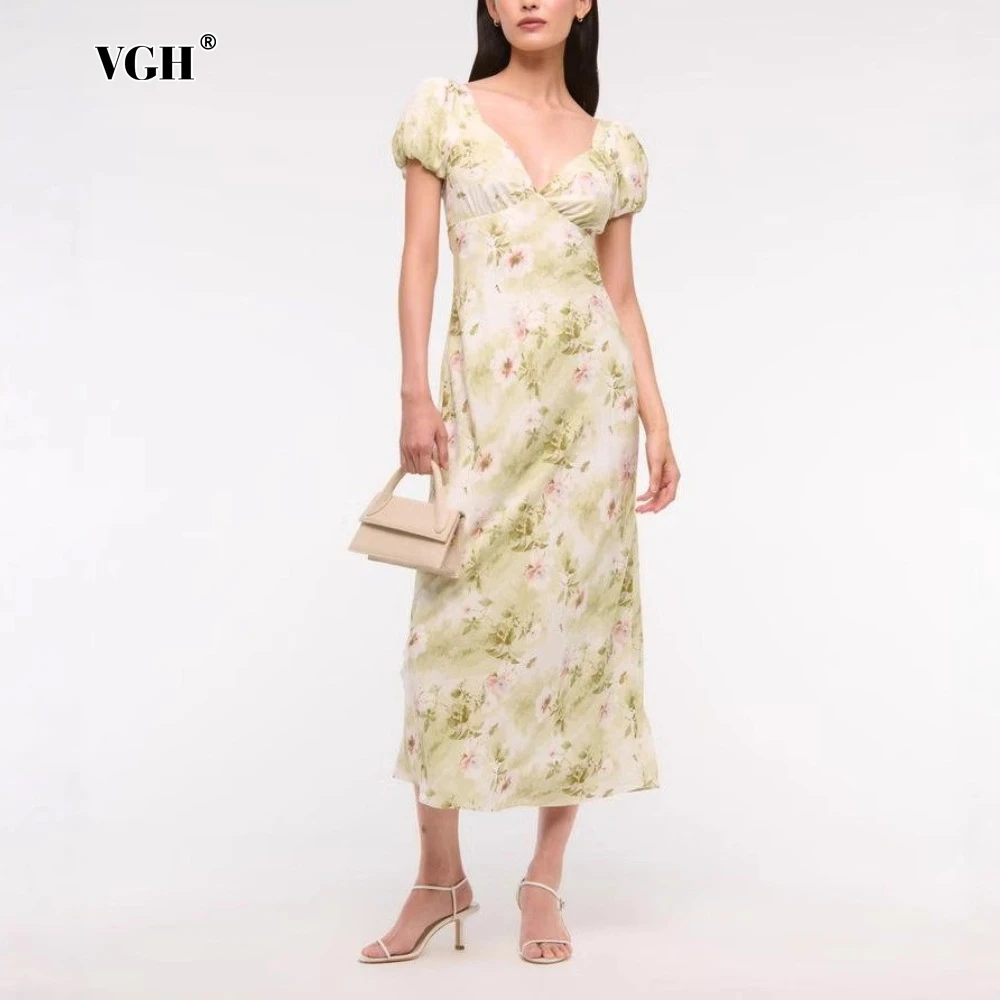 

VGH Office Printing Backless Design Dress for Women V Neck Puff Short Sleeve High Waist Slimming Temperament Midi Dresses Female