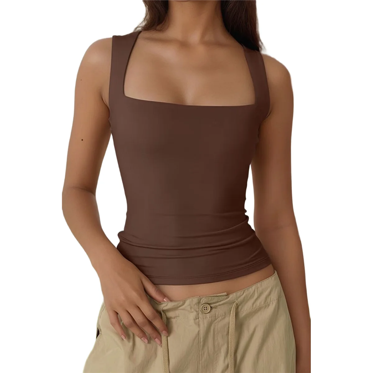 FZFZ レディース スクエアネック ノースリーブ タンクトップ コーヒー M