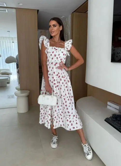 

Summer Fashion Floral Flying Sleeve Button Waist Dress for Women