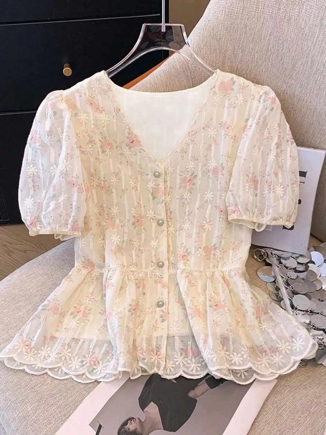

V-Neck Short Puff Sleeve Embroidered Floral Blouse For Women