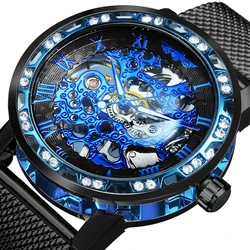 WINNER Classic Retro Mechanical Watches Luxury Iced Out Blue Skeleton Watch for Men Luminous Hands Mesh Stainless Steel Strap