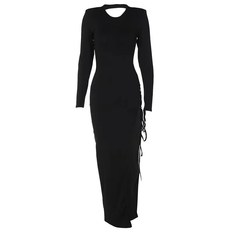 2025 الخريف المرأة فستان طويل بلون كم طويل الورك Hypotenuse شق التعادل مثير التوابل فستان عارية الذراعين الجوف خارج س الرقبة فستان #5