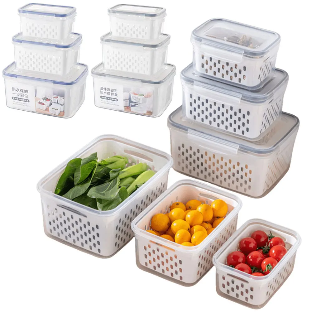 Recipientes de armazenamento de frutas e vegetais sem BPA de três peças com escorredores removíveis para frescor