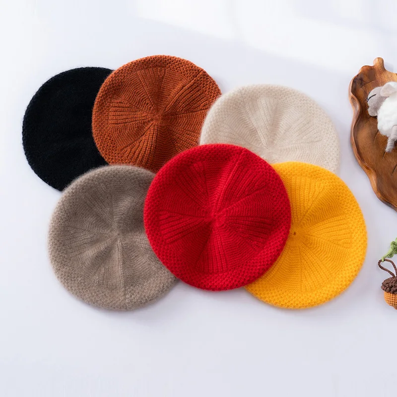 100% Goat Cashmere Children's Beret Cute Knitted Girl French Beret Autumn and Winter Fashion Solid Color Knitted Beret Girl