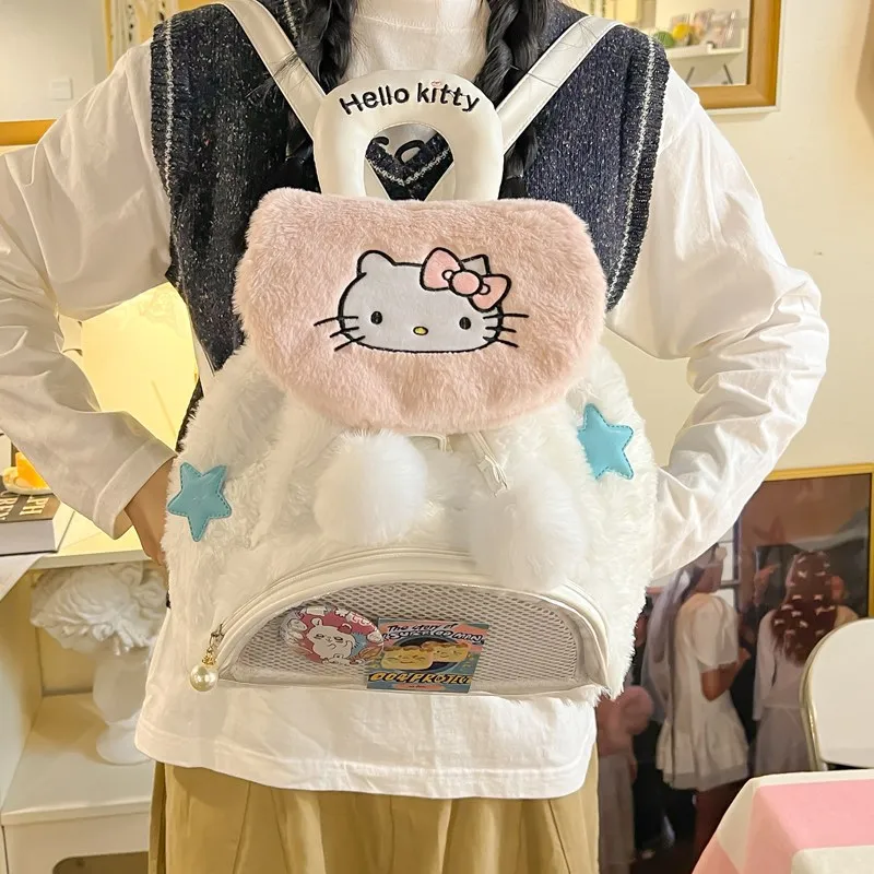 Sanrio Cartoon Kawaii Hellokitty Kuromi pluche rugzak, College Flip rugzak, Sweet Girl Outdoor tas, Milk Whoosh rugzak