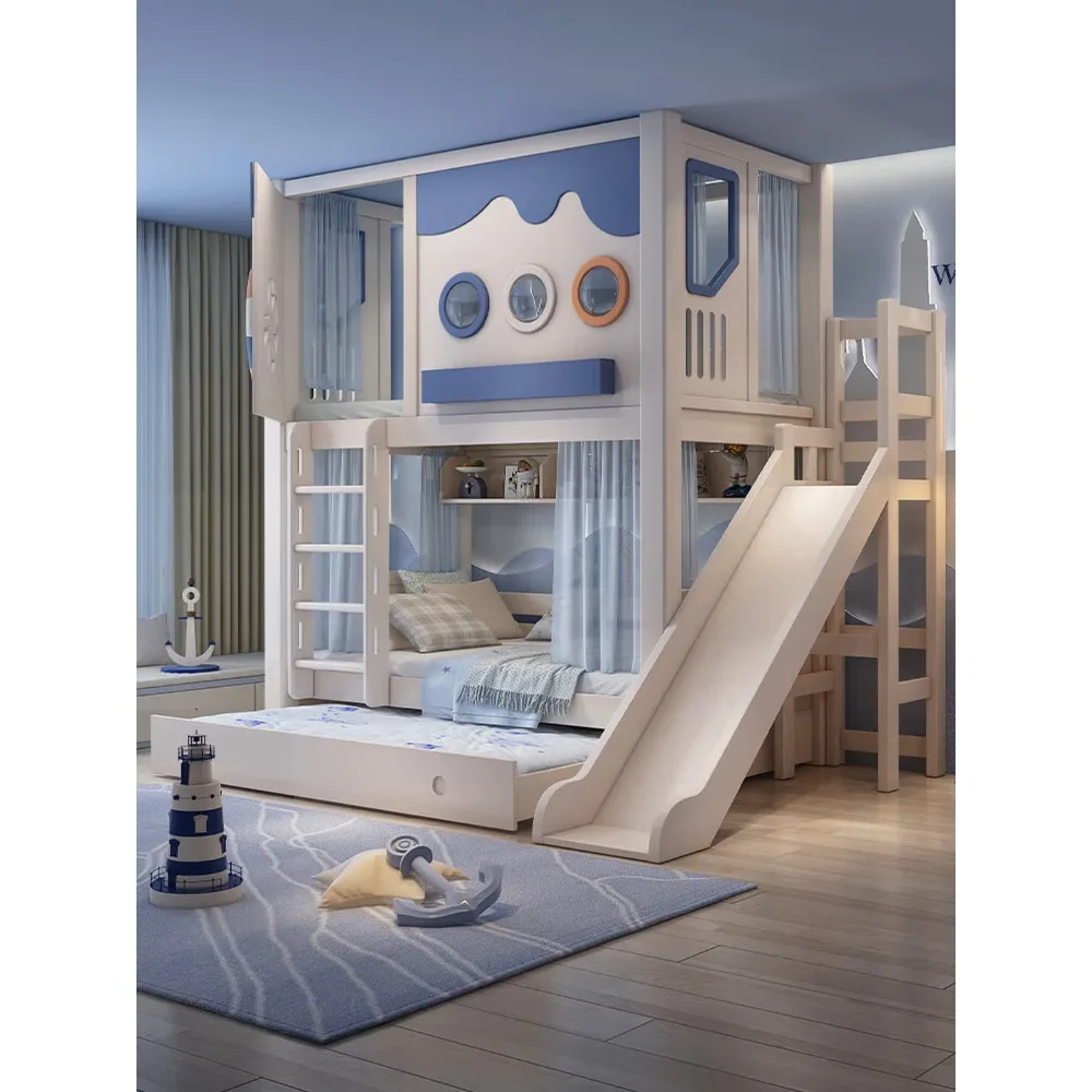 Space Capsule Bunk Bed Solid Wood Treehouse Loft Bed with Slide Bookshelf &Drawers Kids High Sleeper Modern Children's Furniture