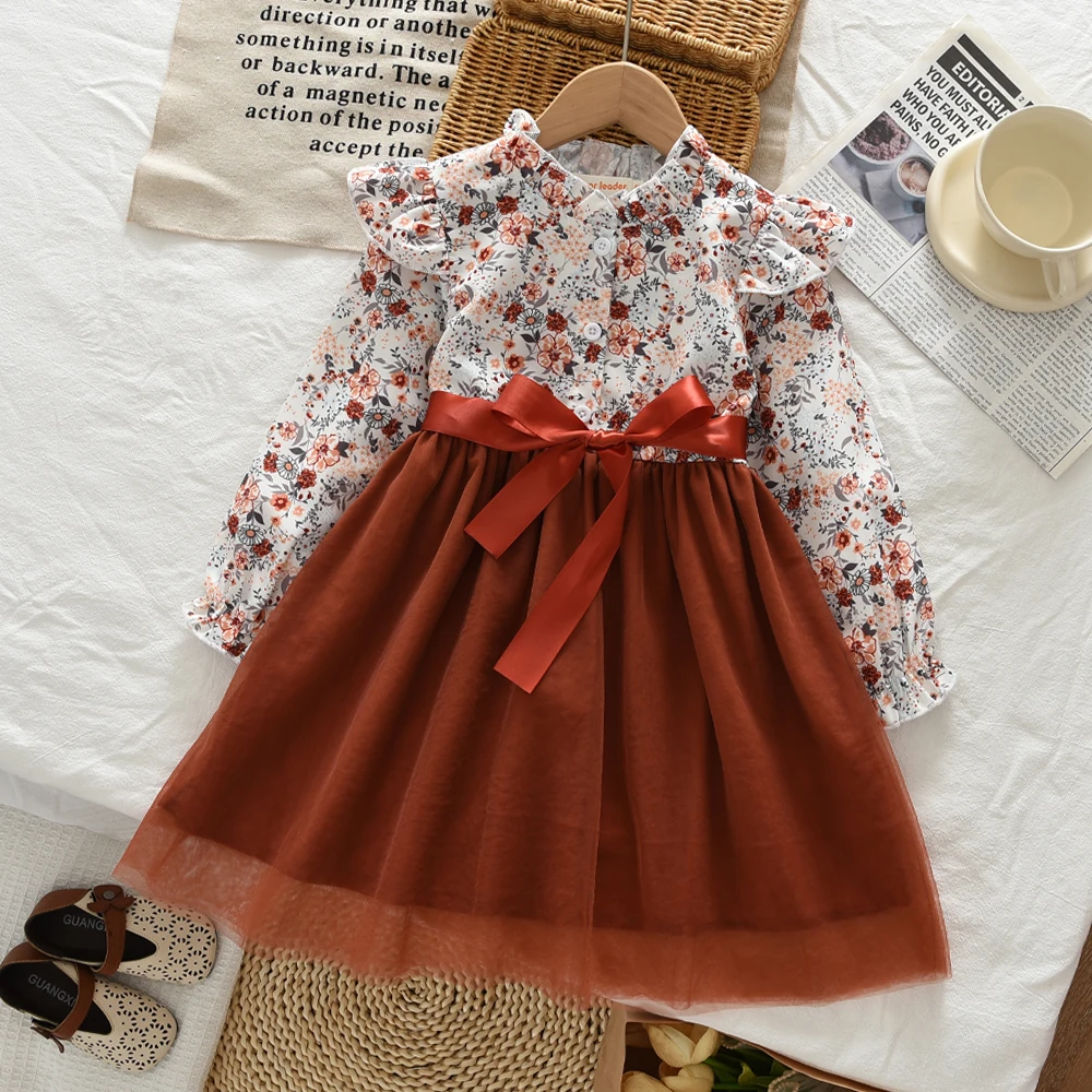 

Autumn Vintage Floral Print Girls' Dresses Christmas Children's Clothing Fashion Mesh Color Blocked Long Sleeved Princess Dress