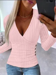 Camicetta a maniche lunghe con scollo a V Sexy camicetta da ufficio moda donna elegante camicia a maglia solida per le donne 2023 primavera autunno top femminili