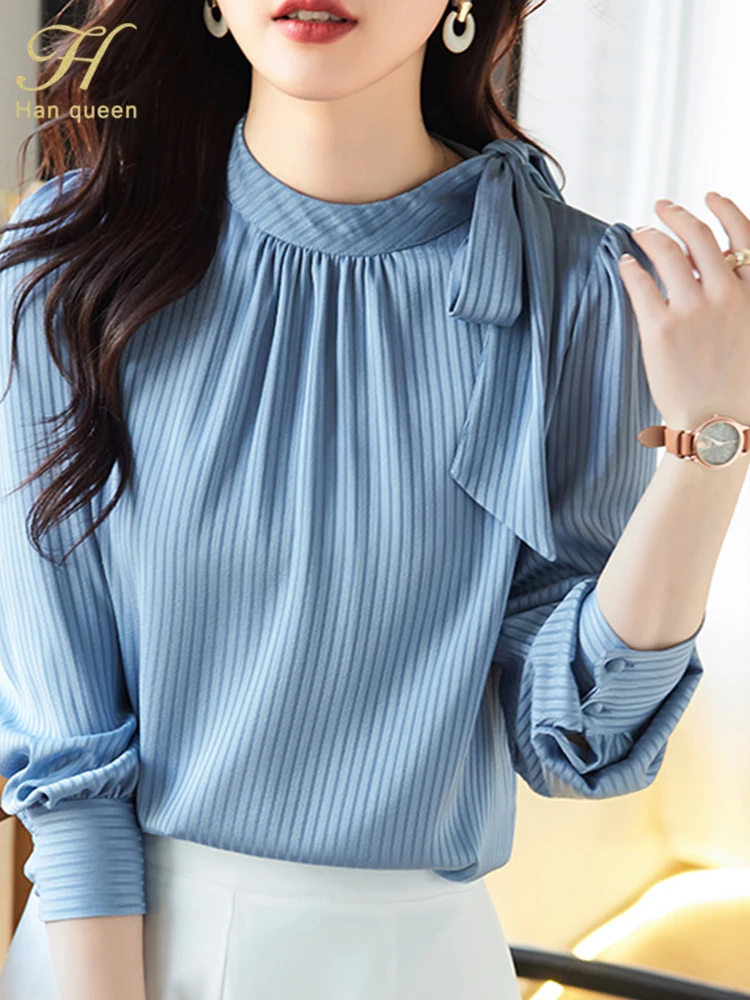 H Han Queen Simple Spring Elegant Blouses Womens Loose Casual Vintage Shirts Office Long Sleeve Tops Korean Reviews Many Clothes