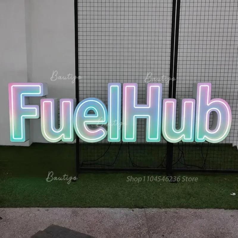 fuelhub向けのカスタムled発光サイン、オリジナルデザインのネオンアクリル製壁面文字、金属製のガレージ用ビジネスロゴポスター、看板。