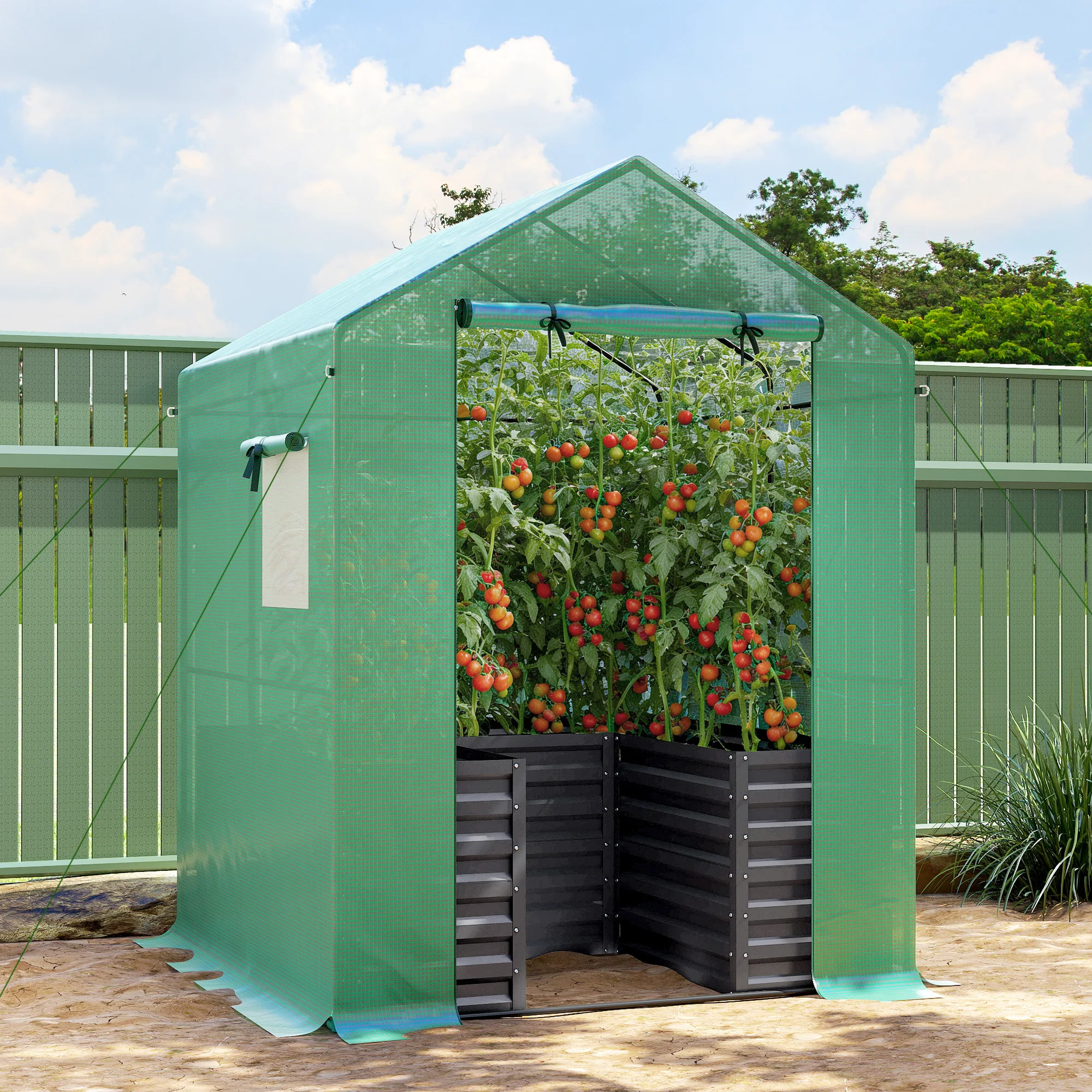 Greenhouse with Raised Garden Bed, Galvanized Steel Outdoor Greenhouse with Roll Up Door, 56