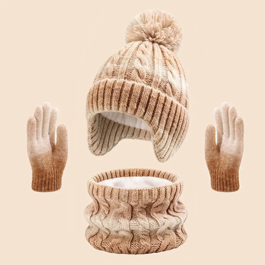 3pcs Unisex Kids Winter Knitted Beanie Scarf Gloves Set with Touchscreen Fingertips Windproof for School Daily Trip