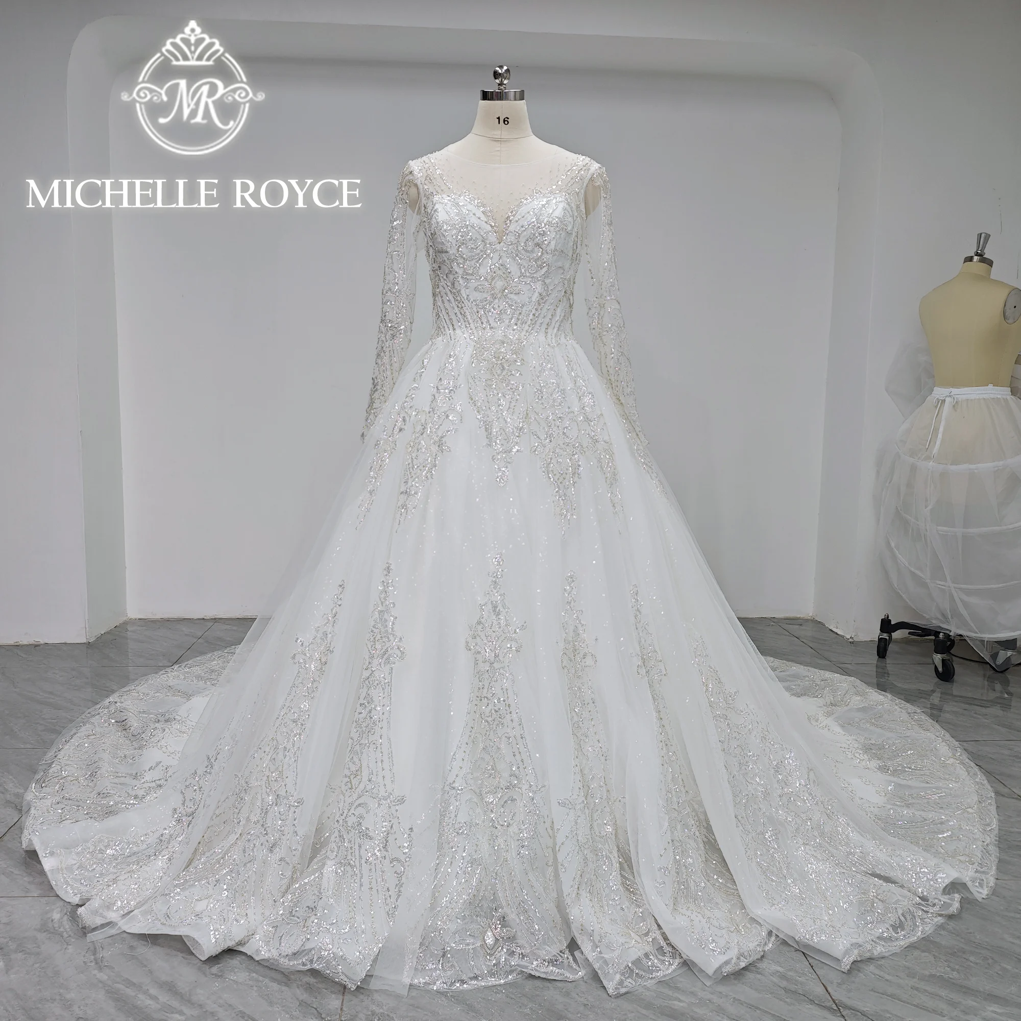 Michelle Royce Royal Wedding Dress 2024 Real photos Sequined Button Illusion Fairy Wedding Gown Vestidos Elegantes Para Mujer