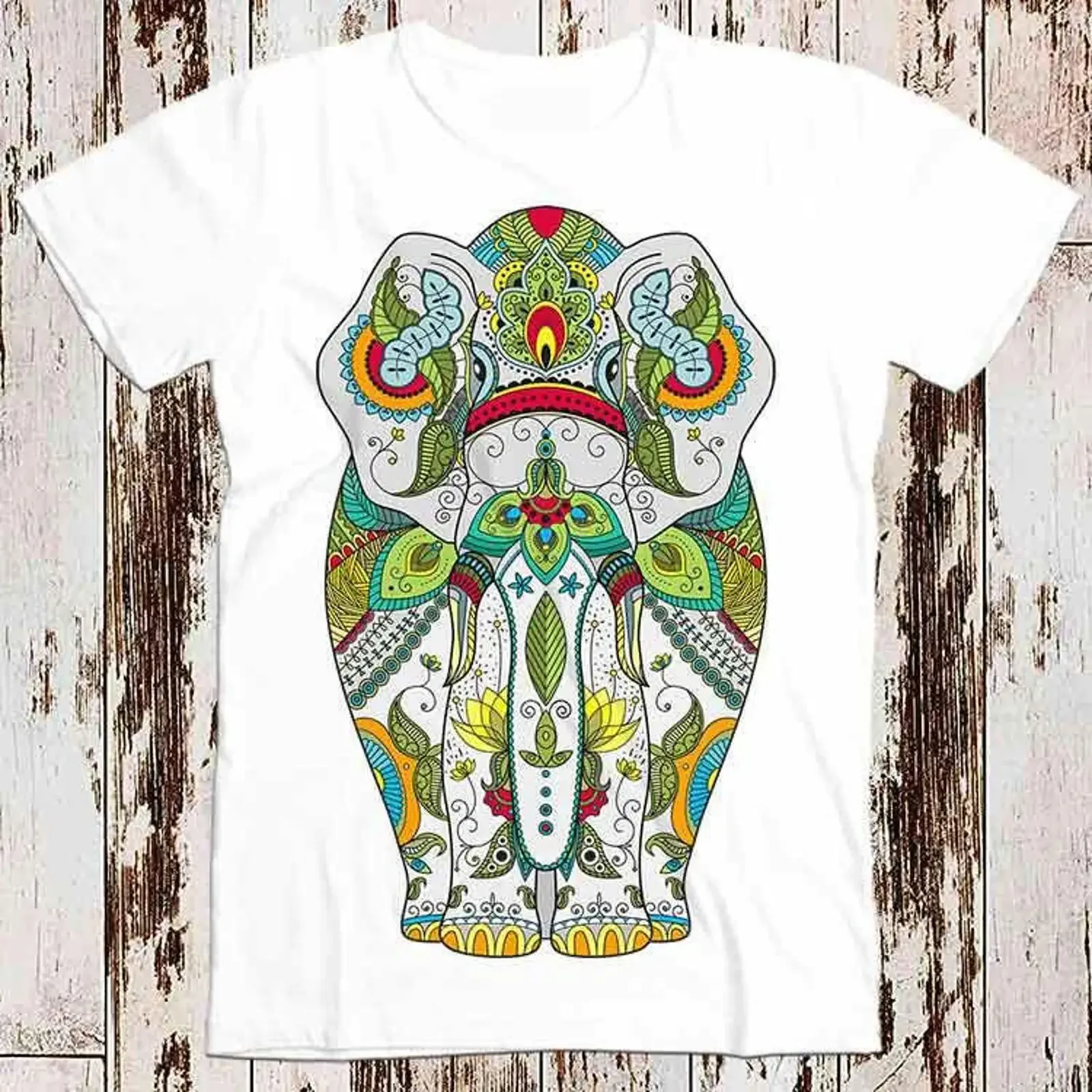 Zenart Patterned Elephant Mandala Chakra India Ornament Animal Fashion Design T Shirt Top 8389 vintage Washed Stylish Slightly