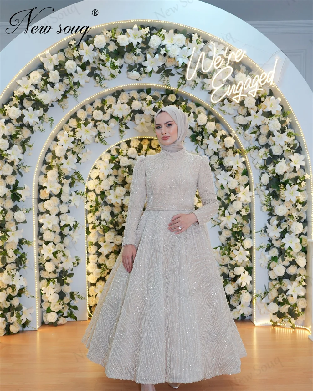 Vestido de noite muçulmano com lantejoulas e mangas compridas, vestido de noite elegante com hijab, comprimento do tornozelo, vestido de baile, 2020