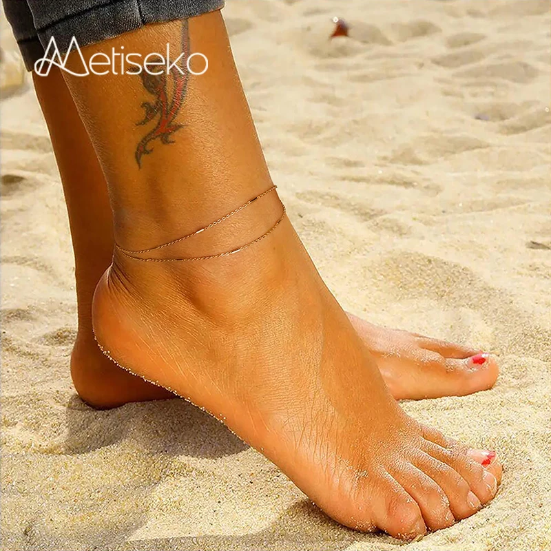 

Metiseko 925 Sterling Silver Plating 14K Gold Anklet Foot Bracelet Double-Layer Chain Anklet for Women Girls Summer Beach Party