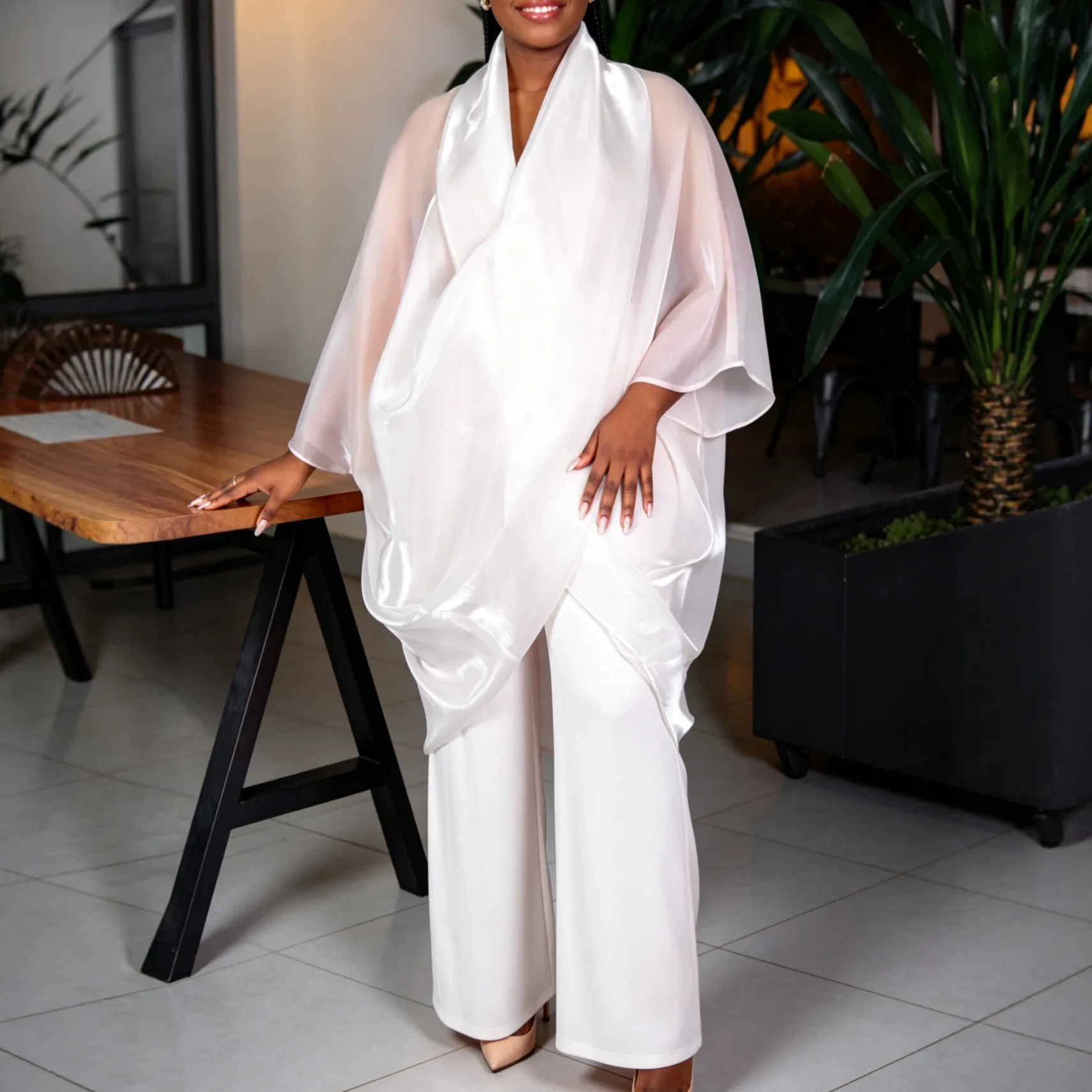 

Women's Two-Piece Pant Set Satin Chiffon Outfit Draped Sheer Kimono Top and High Waist Wide Leg Pants Elegant Flowy Set Formal