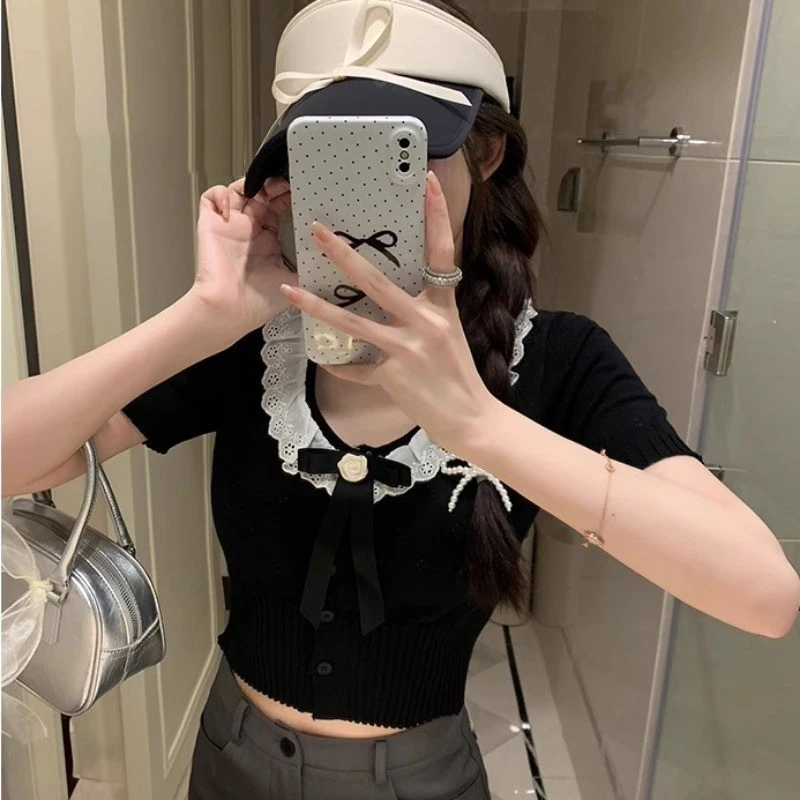 Korean Bow Lace Patchwork Doll Collar Short Sleeve Slim Knitted T-shirt For Women