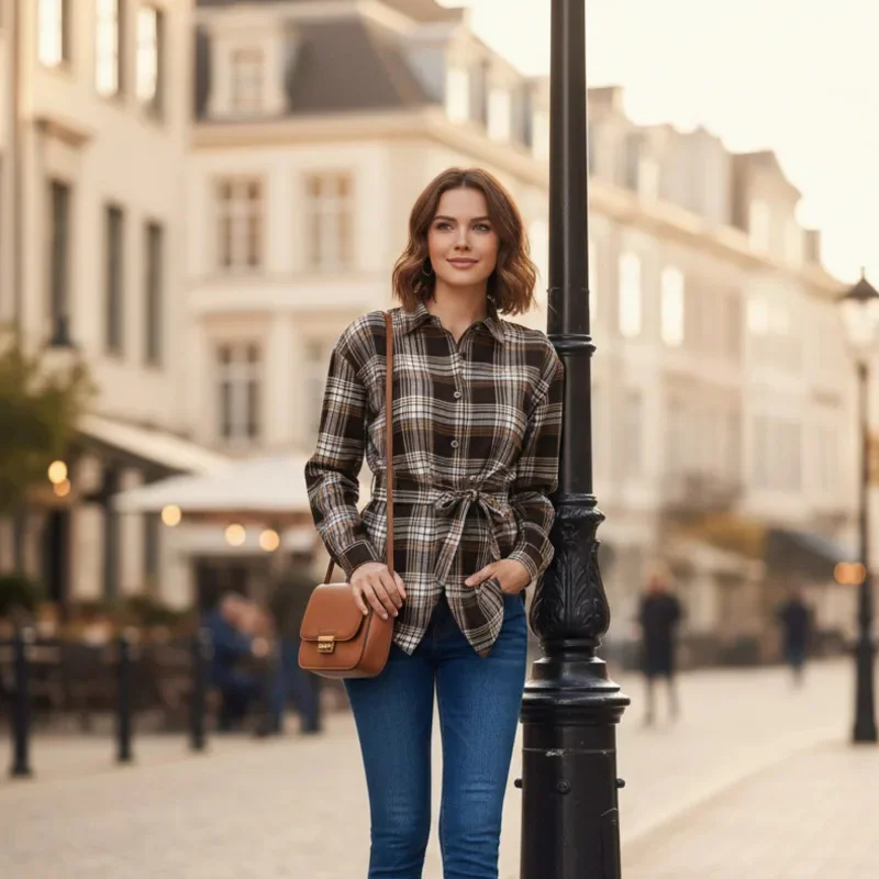 

Women Spring Autumn Casual Plaid Shirt Turn-Down Collar Long Sleeve Waist Tie Design Fashion Blouse For Daily Wear Street Style