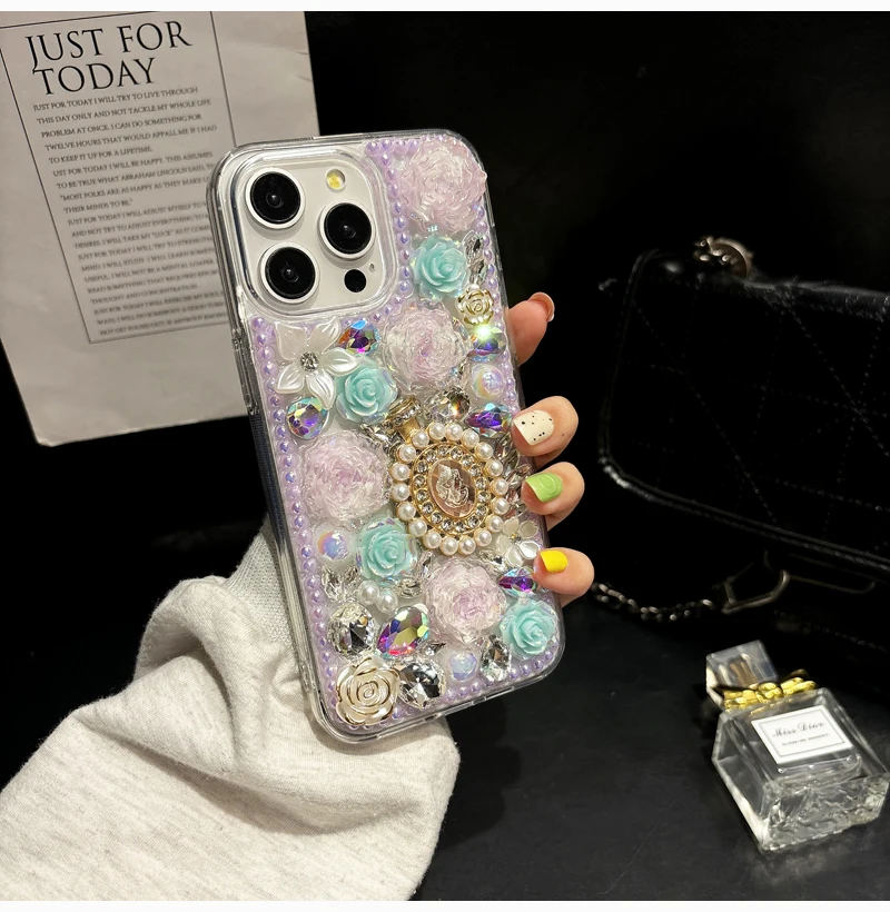 Luxury Diamond Pearl Rose Flower Phone Case, Ultra Soft Back Cover, iPhone 15,14 Plus,13,12, 11 Pro Max, Samsung Galaxy S24, S23