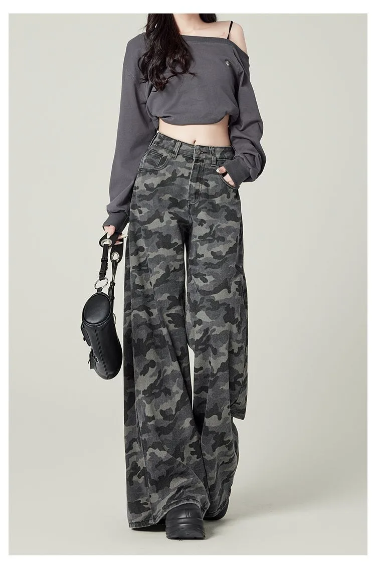 Y2K Übergröße Damen Graue Camouflage Cargo Jeans 2026 Frühling Herbst Hochgeschnittene Weite Hose Streetwear – Detail 6