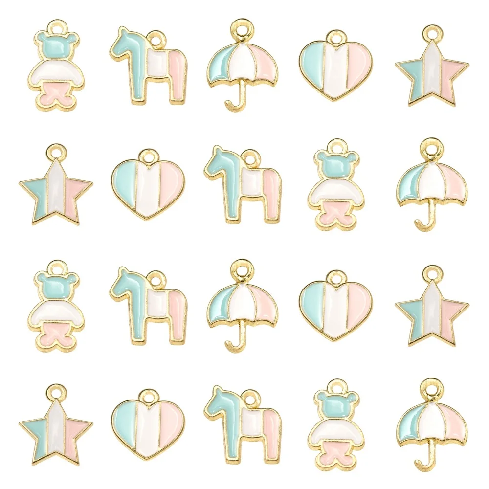 PandaHall  50 Pcs 5 Styles Rainbow Pastel Colored Enamel Bear Horse Heart Umbrella Star Charms for Jewelry Making