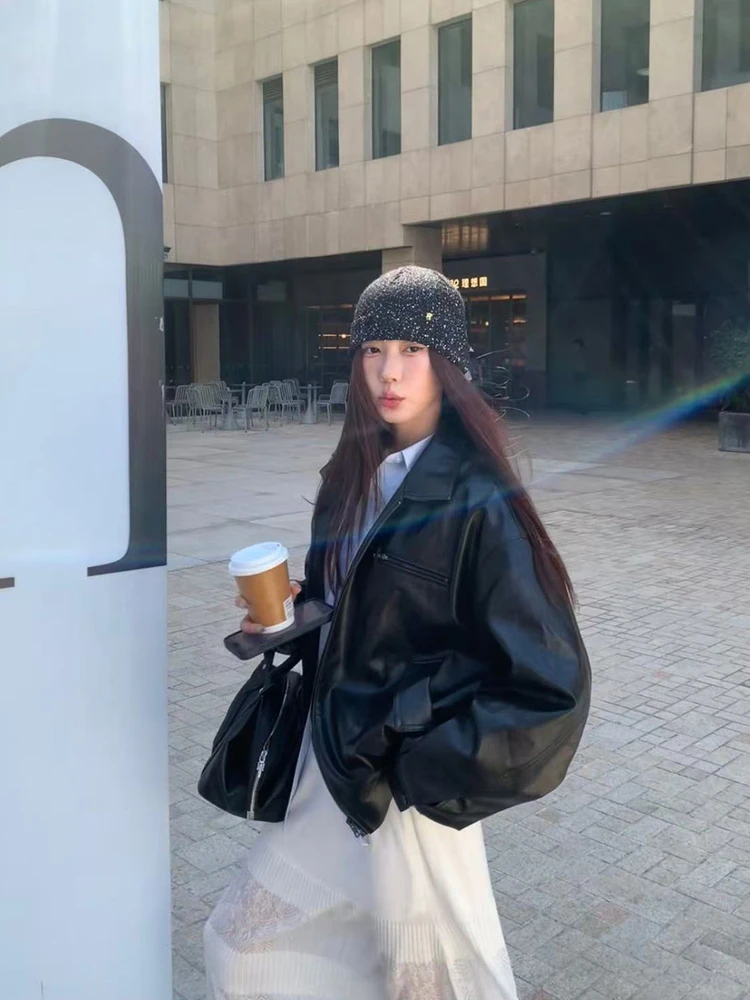 แจ็คเก็ตหนัง PU สไตล์ไบค์เกอร์ คลาสสิค ทรงหลวม ซิปยาว แฟชั่นลำลอง สำหรับวัยรุ่น