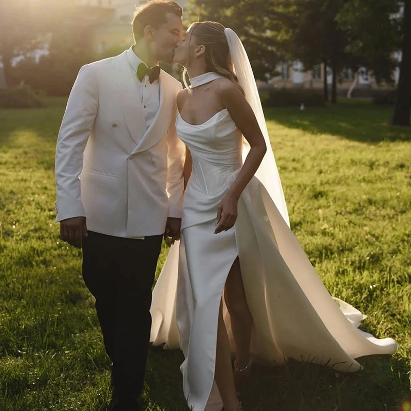 Eightree 2026 Mermaid Wedding Dresses Strapless Side Slit Scarf Satin Bridal Dress White Long Wedding Ball Prom Gowns Customized