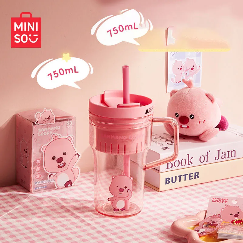 Miniso Zanmang Loopy Plastics Handle Water Cup Cartoon Creative 750ML Kawaii Home Straw Direct Drinking Water Cup Girl Gift