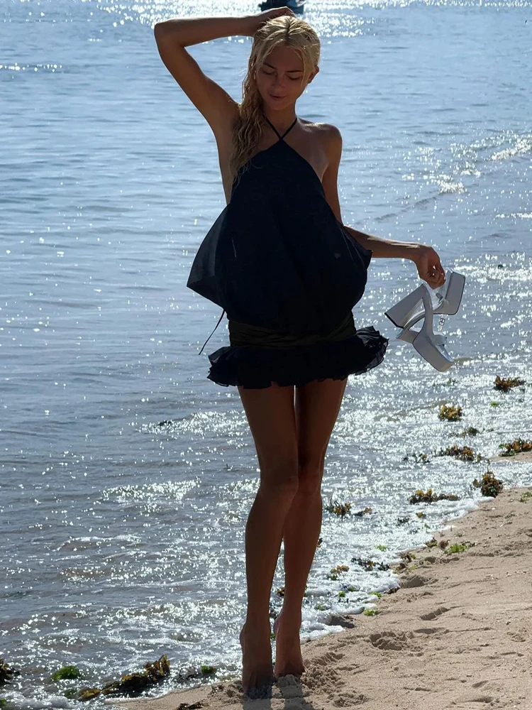 2025 nuevo vestido Sexy Irregular para vacaciones de verano para mujer, minivestido recortado con espalda descubierta y pliegues, vestido de lujo para fiesta en la playa y Club