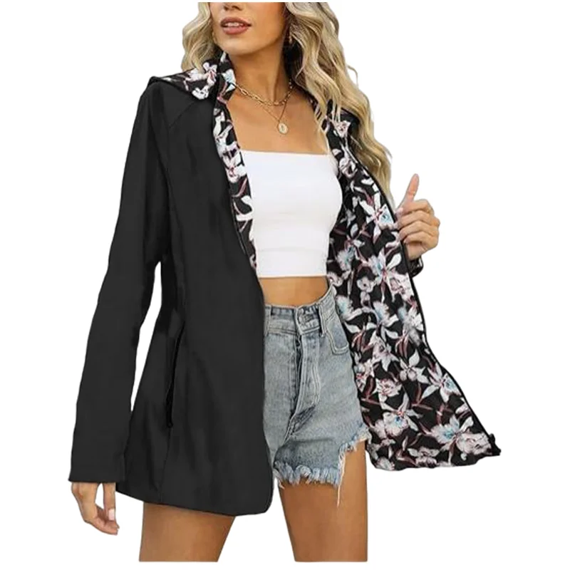 Dames herfstjack met capuchon, omkeerbaar bedrukt, casual jas met zakken, veelkleurig, streetwear, S-2XL, bijpassende kleding